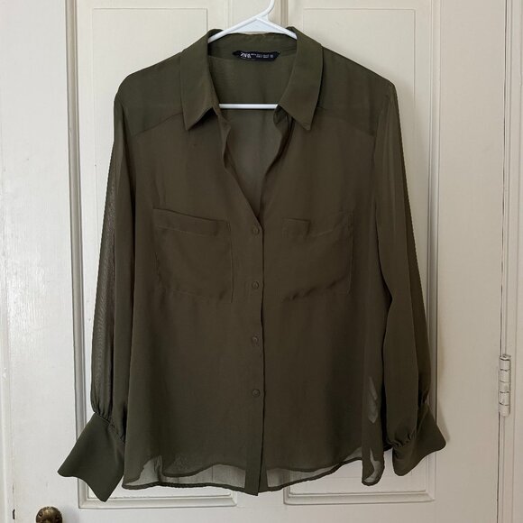 Zara Tops - ZARA Sheer Olive Green Long Sleeve Blouse